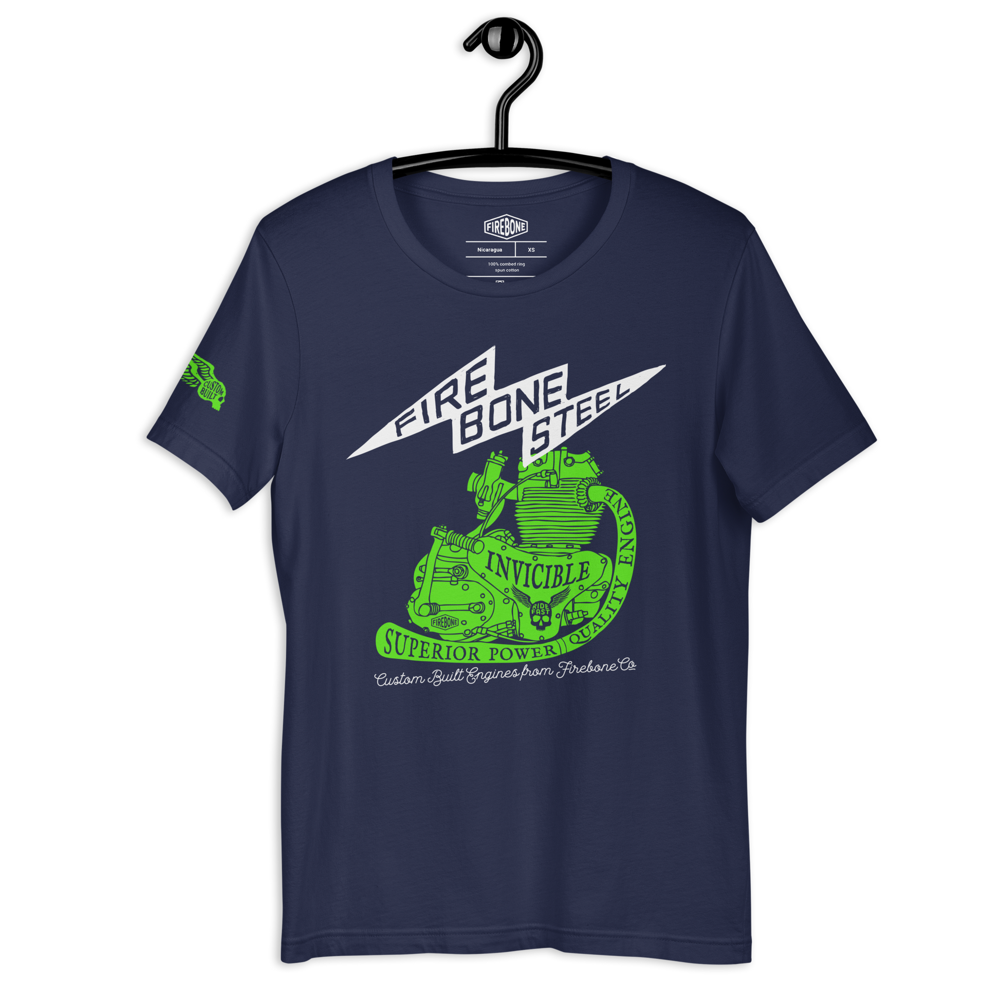 Firebone Steel - Green on navy t-shirt - Firebone