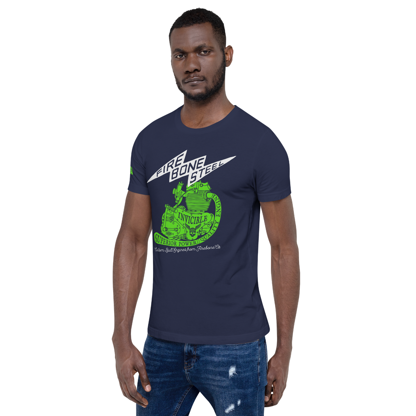 Firebone Steel - Green on navy t-shirt - Firebone