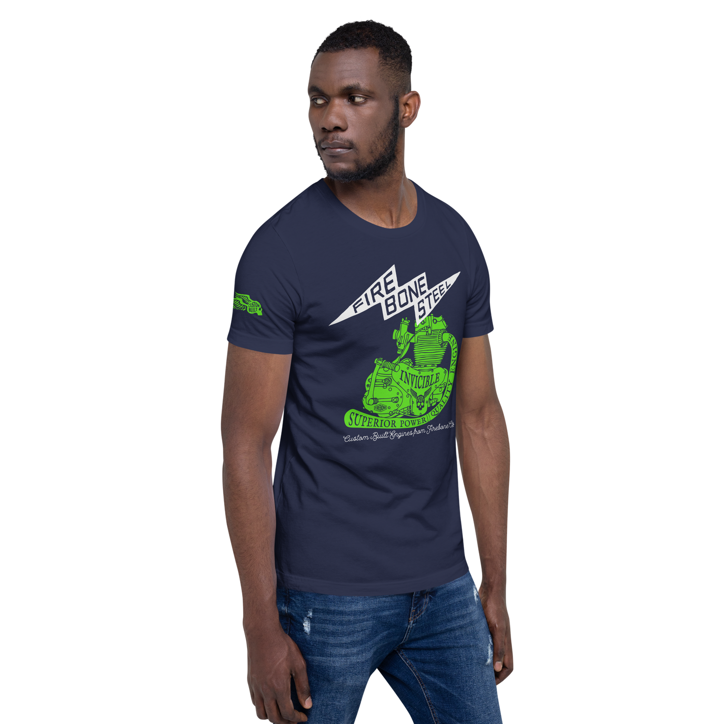 Firebone Steel - Green on navy t-shirt - Firebone