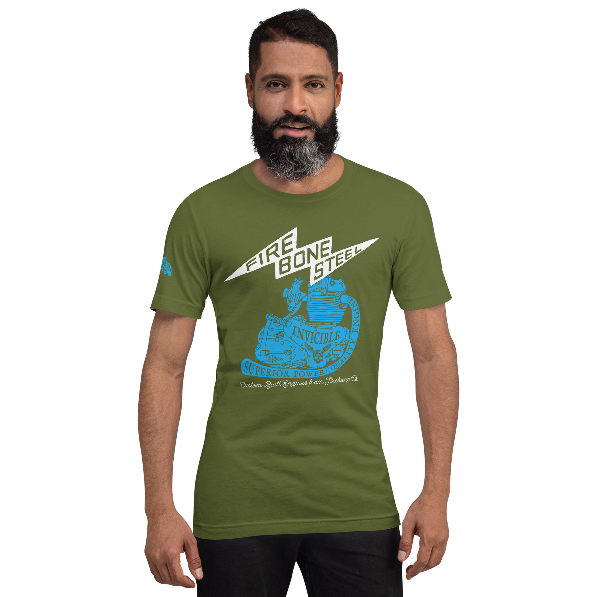 Firebone Steel - Blue on olive green t-shirt - Firebone