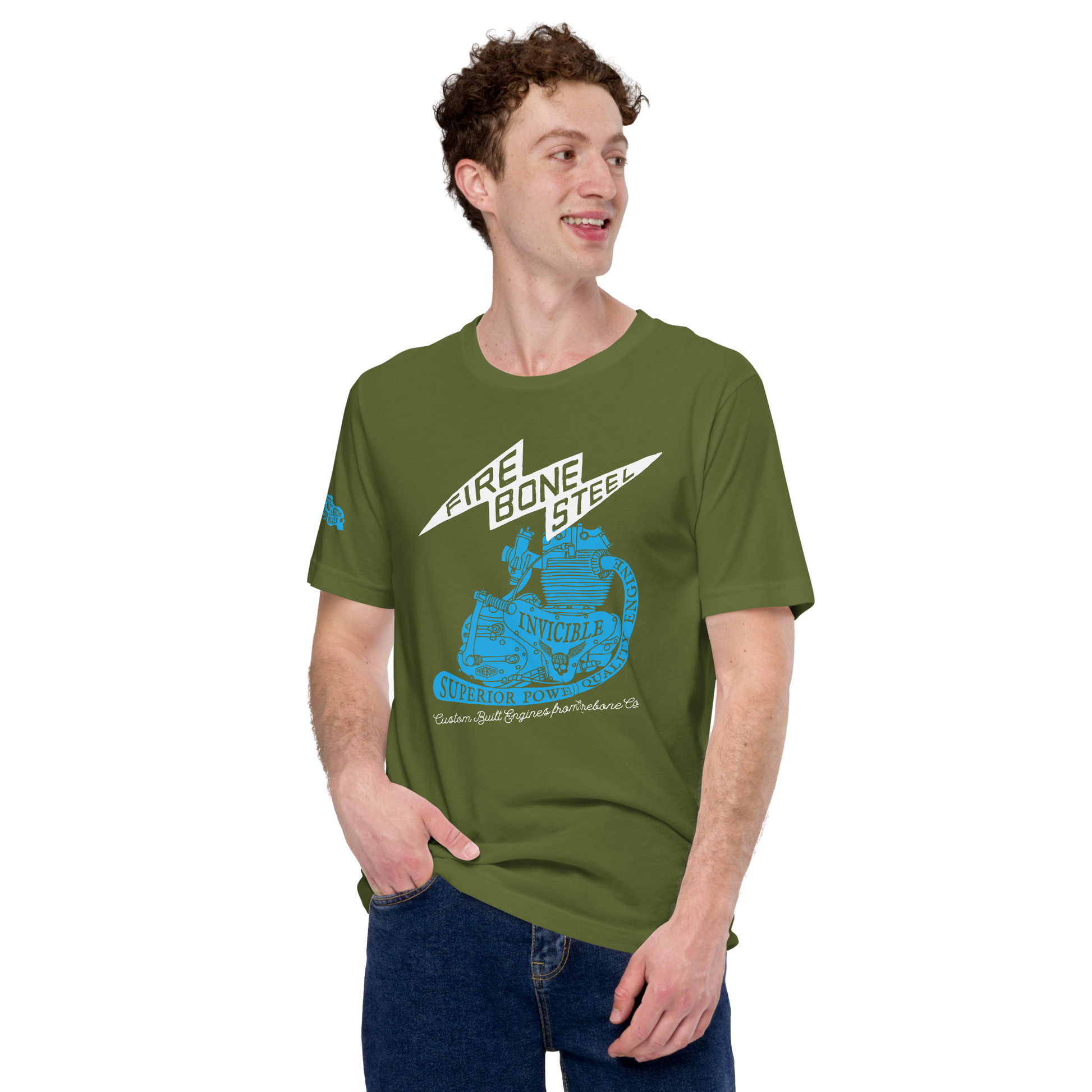 Firebone Steel - Blue on olive green t-shirt - Firebone