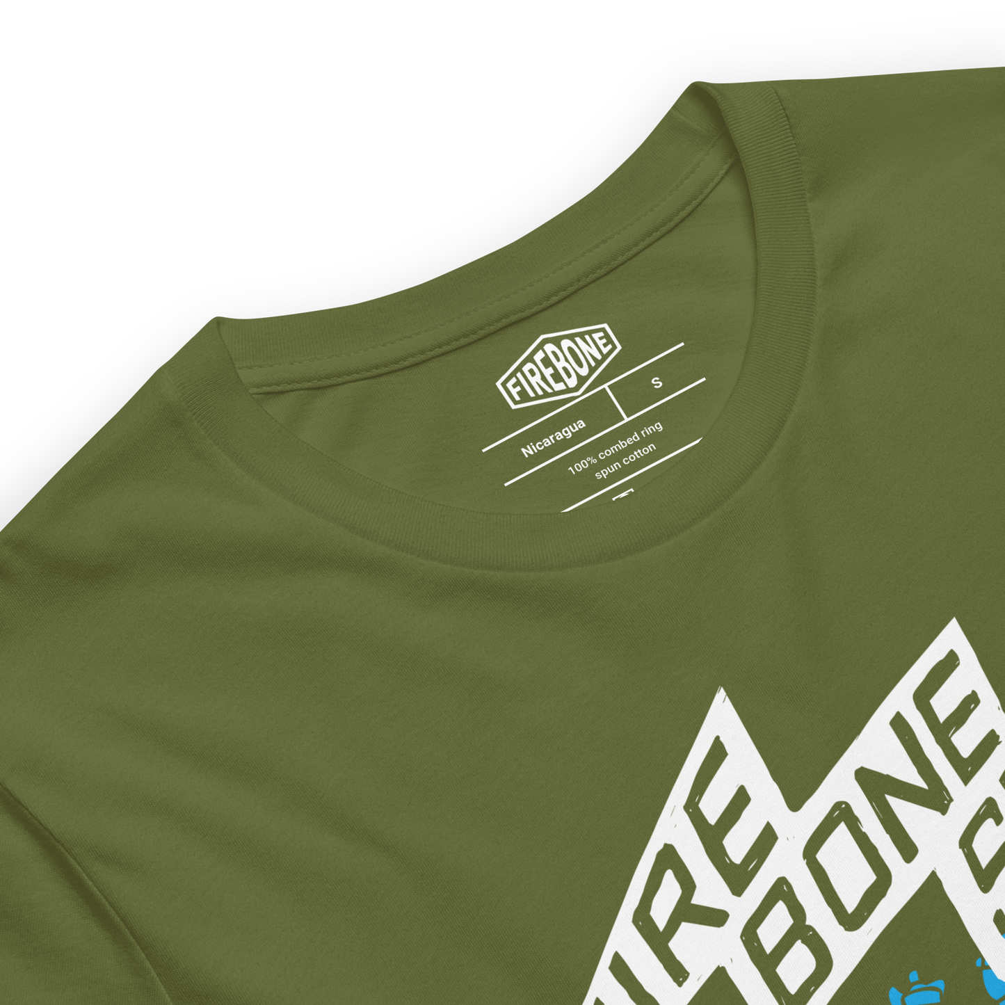 Firebone Steel - Blue on olive green t-shirt - Firebone