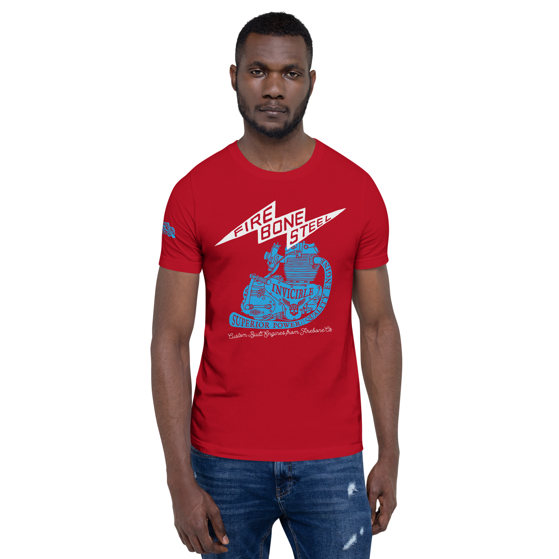 Firebone Steel - Blue on red t-shirt - Firebone