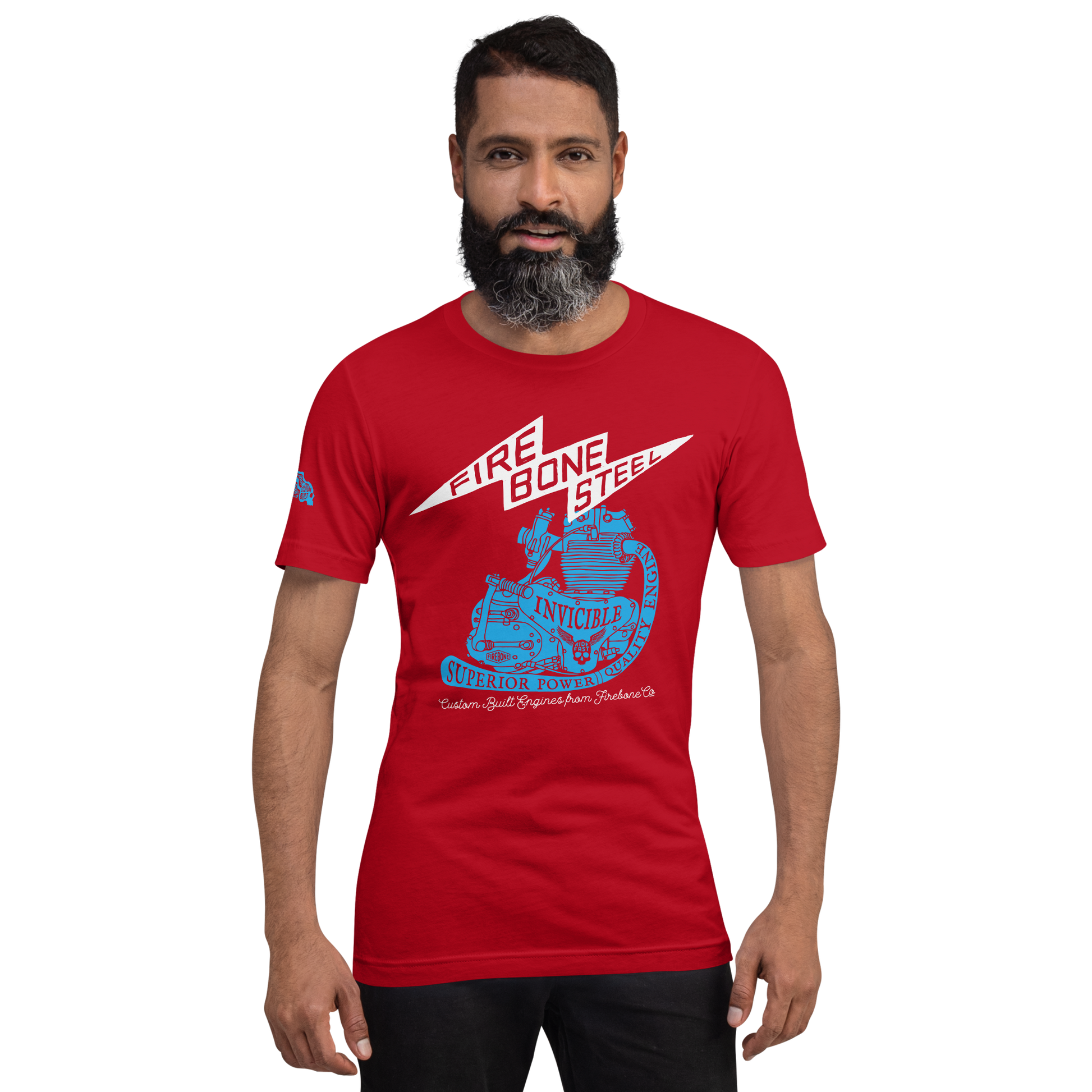 Firebone Steel - Blue on red t-shirt - Firebone