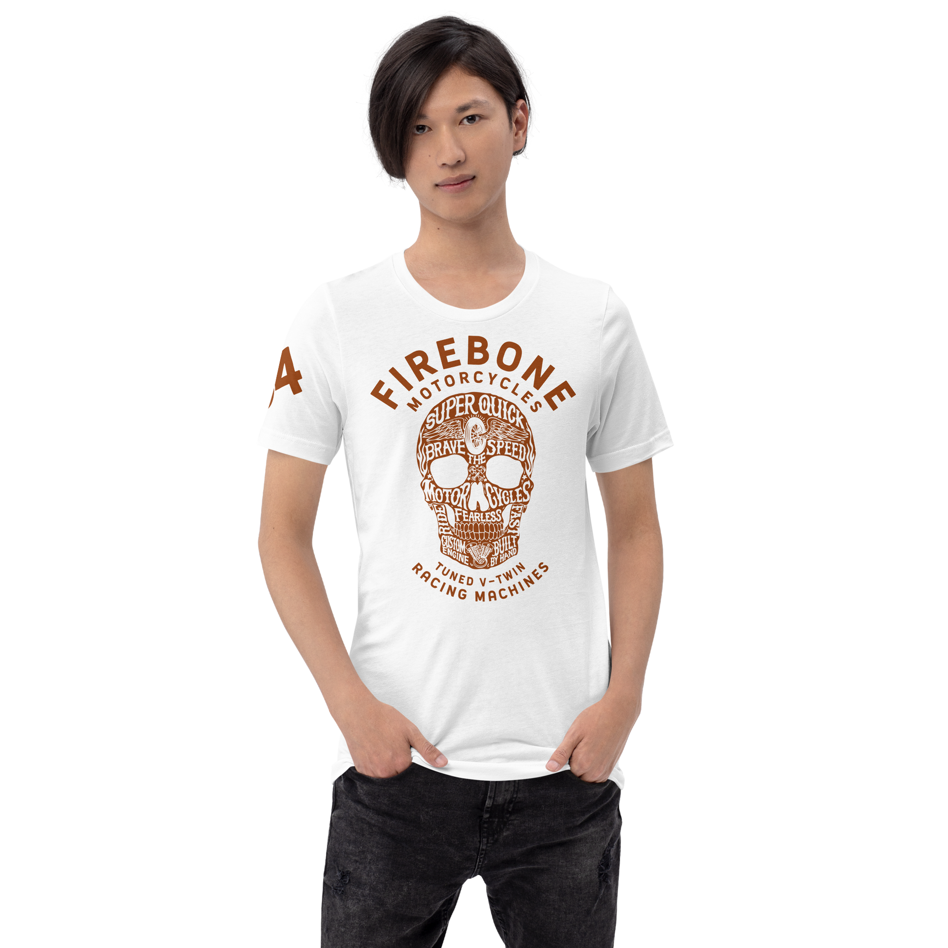 Super Quick Skull - Orange on white t-shirt - Firebone