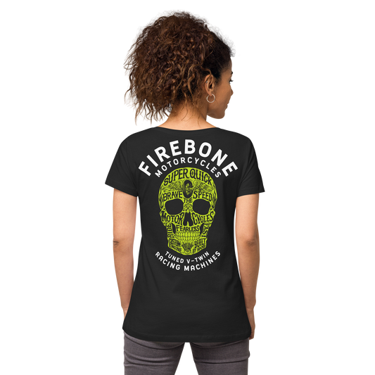 Super quick skull - Green on black fitted v-neck t-shirt - Firebone