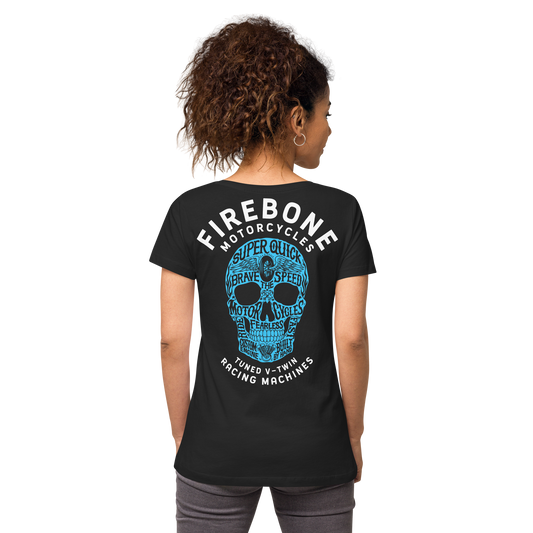 Super quick skull -Blue on black fitted v-neck t-shirt - Firebone