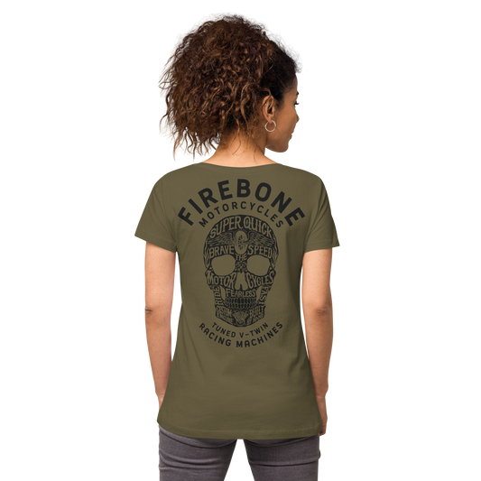 Super quick skull - Black on olive fitted v-neck t-shirt - Firebone