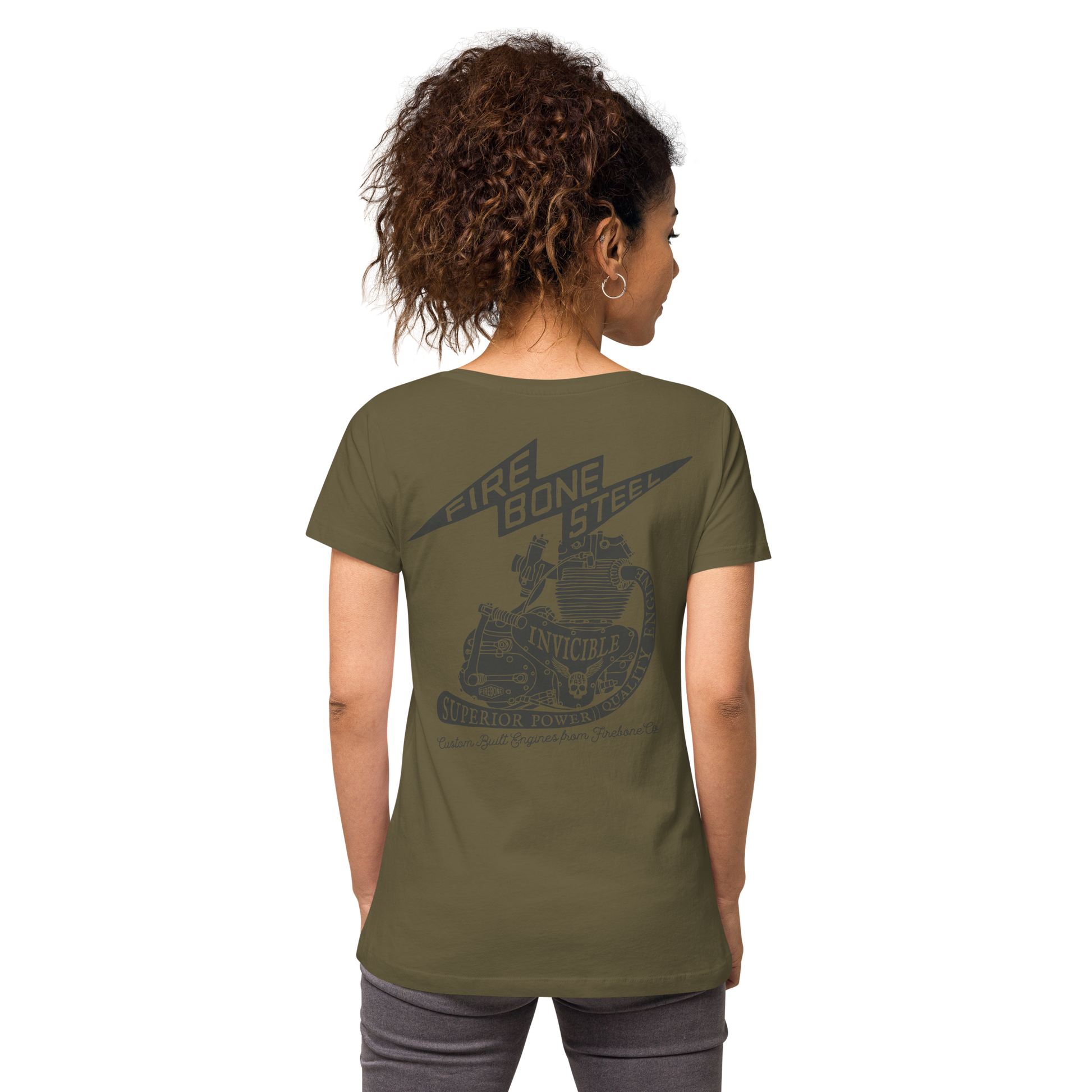 Firebone steel - Black on olive green fitted v-neck t-shirt - Firebone