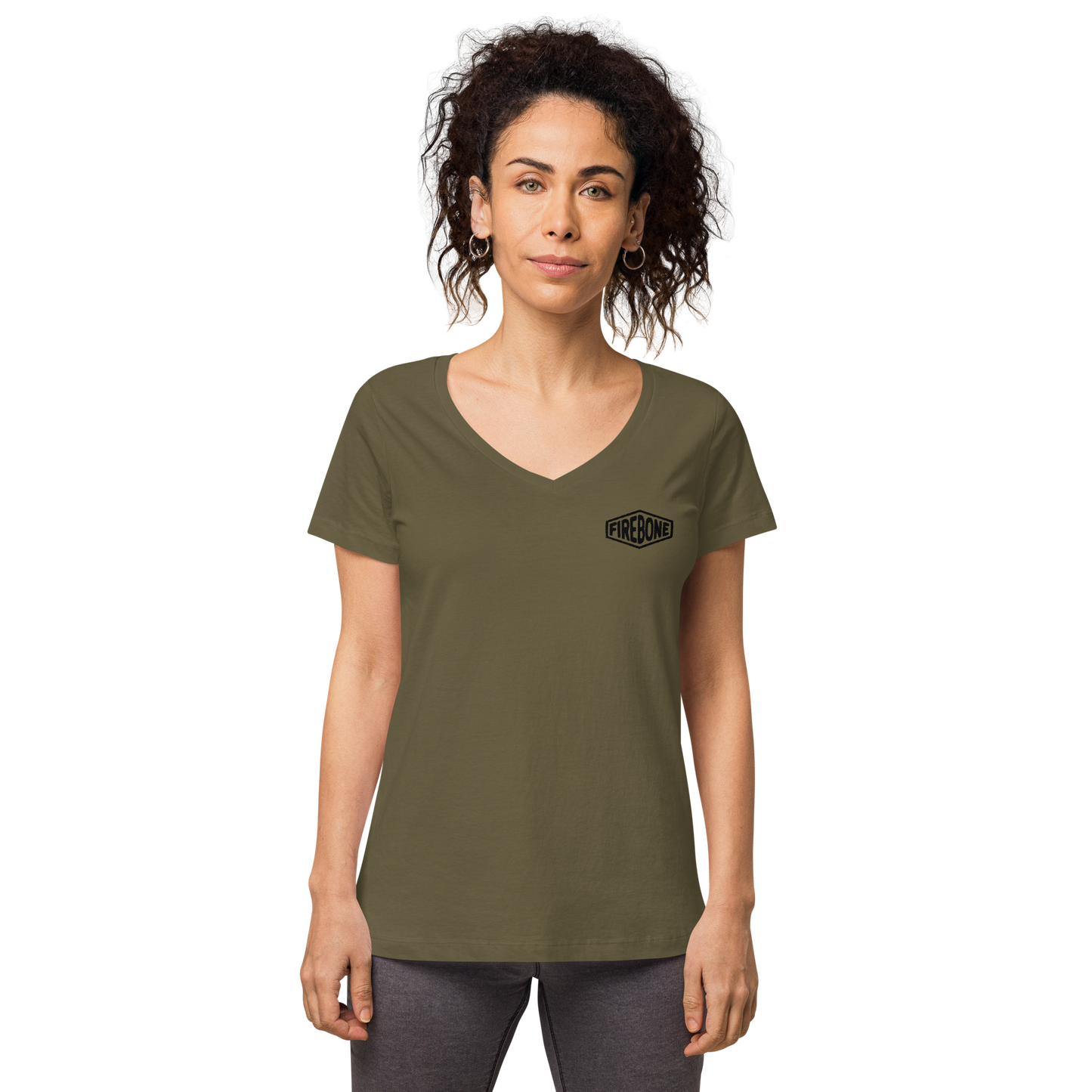 Firebone steel - Black on olive green fitted v-neck t-shirt - Firebone