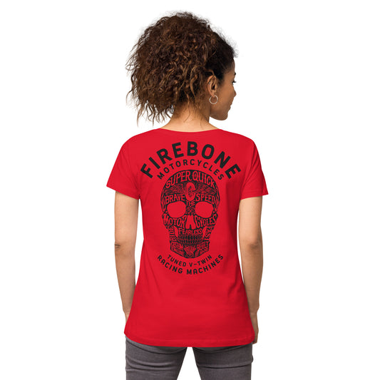 Super quick skull - Black on red fitted v-neck t-shirt - Firebone