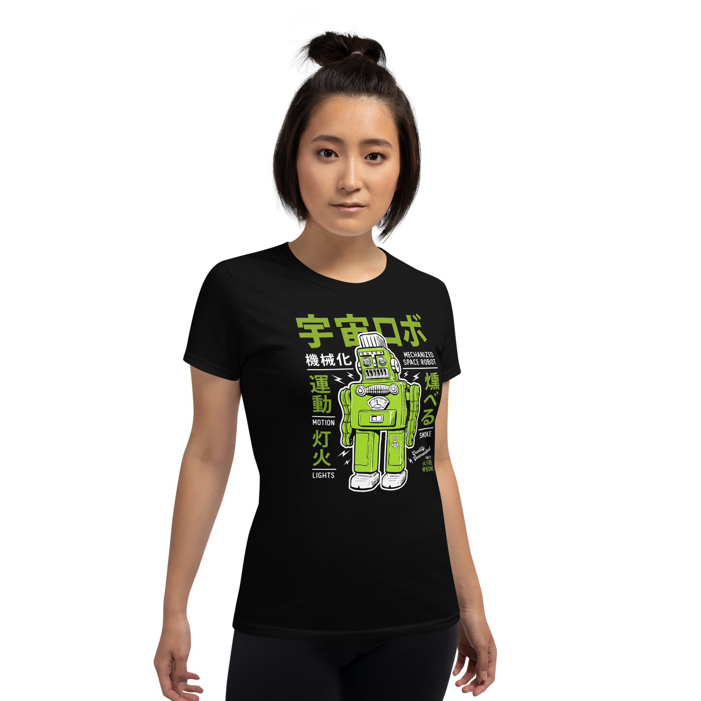 Smoking robot - Green on black short sleeve t-shirt - Firebone