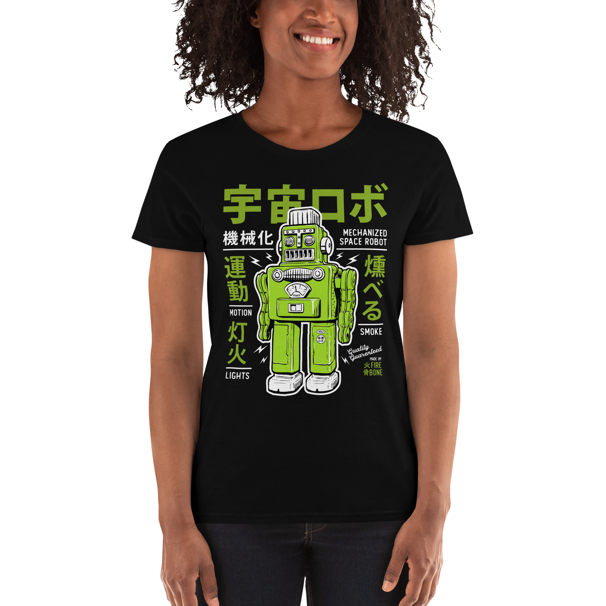 Smoking robot - Green on black short sleeve t-shirt - Firebone